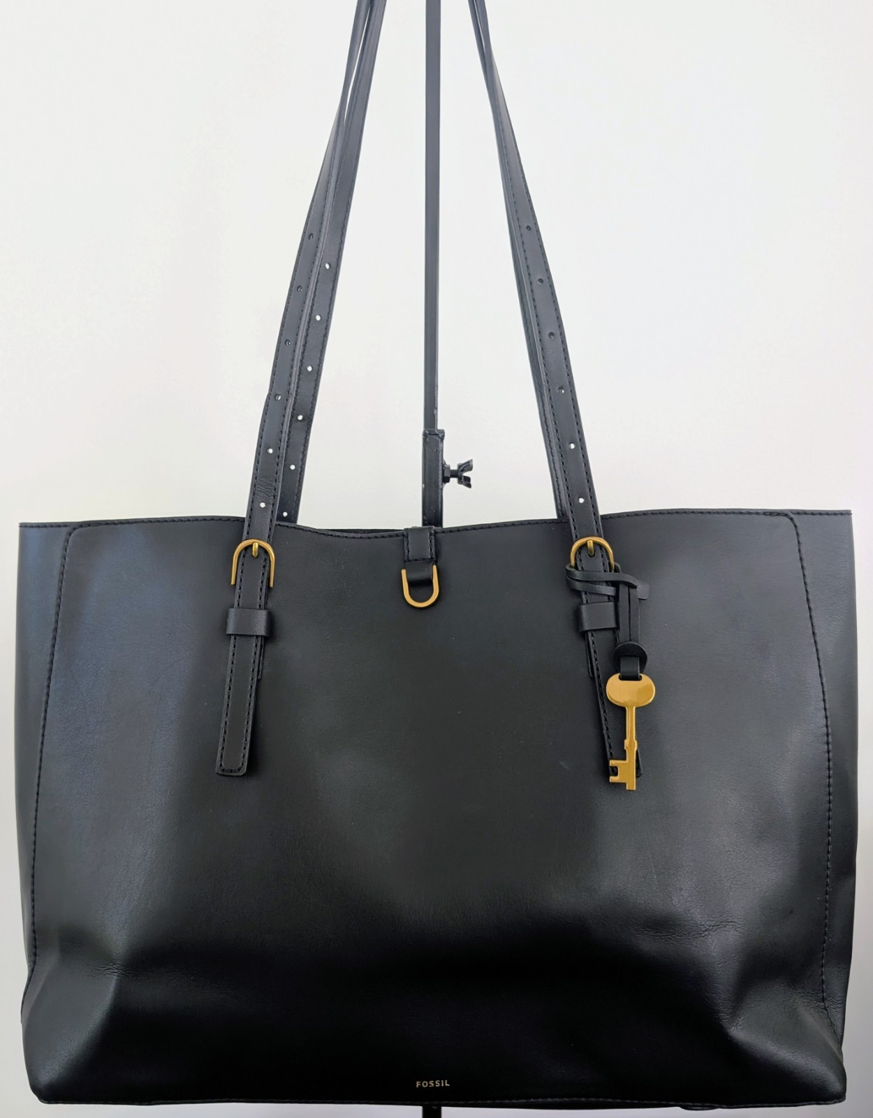 Fossil Black Leather Tote Bag Shoulder Shopper Purse Gold Key Charm Large