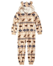 Boy's Fleece Moose and Bear Print Soft Fleece Sherpa Hooded Pajama Sleeper
