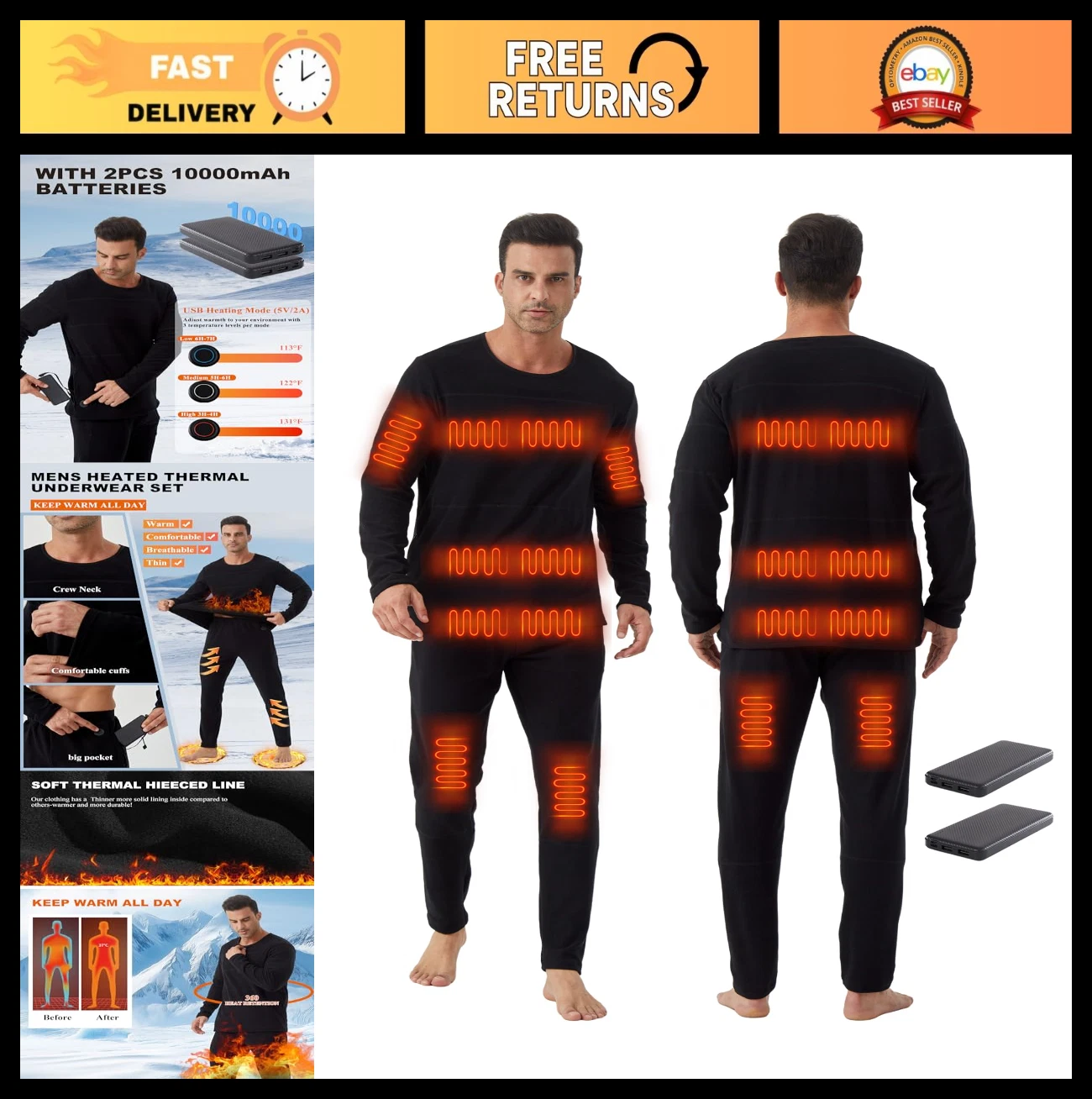 Men's Heated Thermal Underwear Set with Batteries - Winter Base Layer for Huntin
