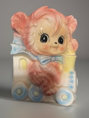 Vintage Ardco Kitsch Nursery Planter Pink Bear Train Planter Japan 1950s