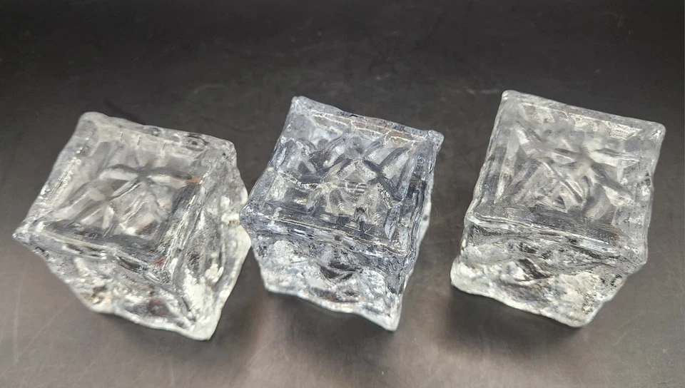 Juego de 3 candelabros de vidrio vintage años 70 Orrefors Ice Cube suecos Foto 2 de 4