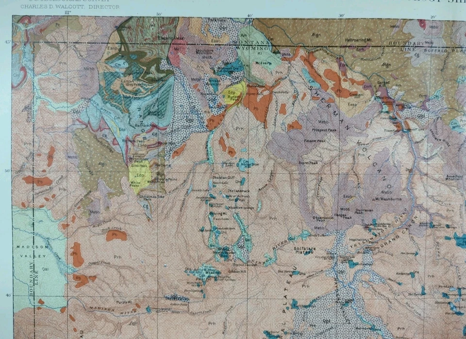 Vintage 1904 USGS YELLOWSTONE NATIONAL PARK WYOMING Map 35"x21" Old Antique  - Image 3 of 4