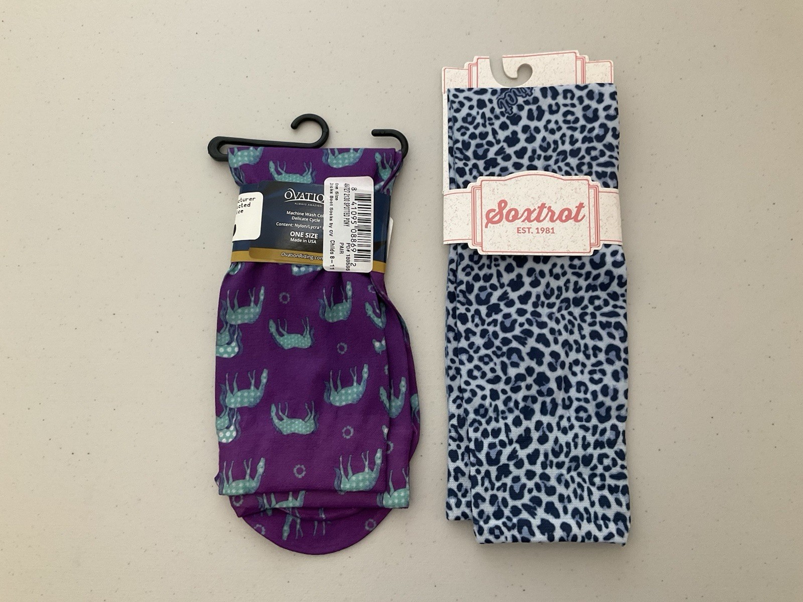 Calze Ovation Equitazione Viola Maculato Pony Taglia Unica + Calze Sox Trot Blu Leopardate