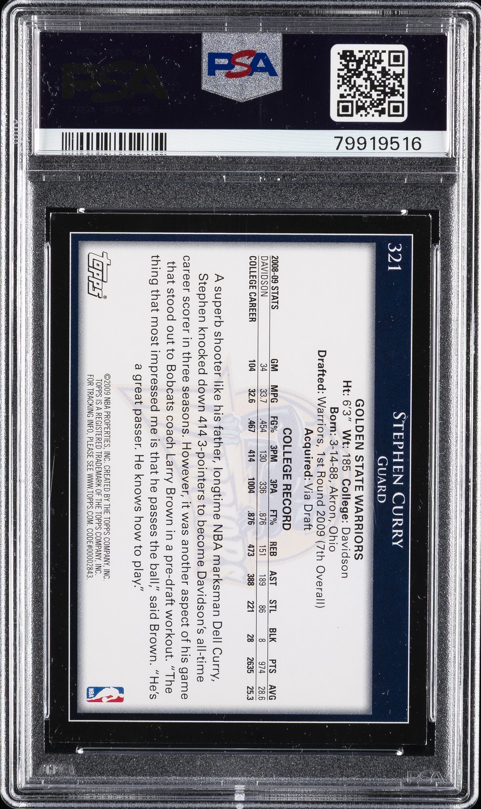 2009 TOPPS #321 STEPHEN CURRY ROOKIE RC PSA 8 view 2