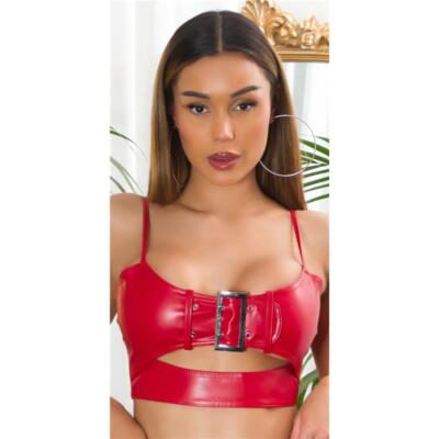 Damen Kunstleder Crop-Top mit Schnalle Rot 34/36/38 #T1971