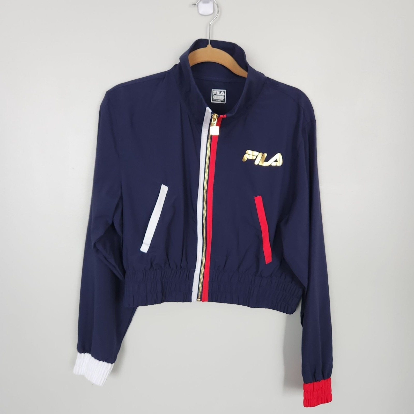 Blocco colore nuovo senza etichette Fila navy tagliato leggero cerniera intera taglia media