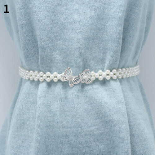Lady Faux Pearl Belt Waist Chain Rhinestone Beaded Crystal Glitter Bow Butterfly - Picture 13 of 21