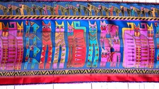 Laurel Burch Celebrations Silk Scarf Cats 100% Silk Hand Rolled Signed 53*11'