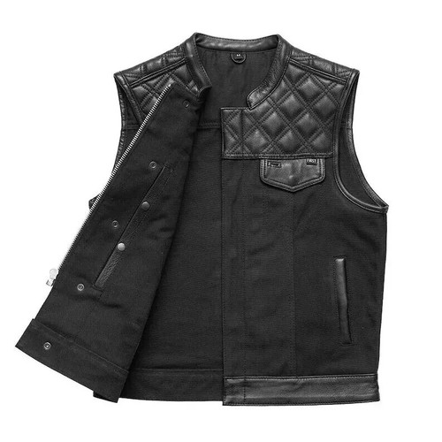 Men’s Biker Vest Hunt Club Leather Diamond Quilted Motorcycle Denim Style Vest - Picture 2 of 4