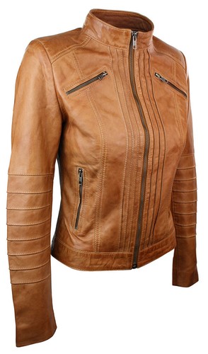Ladies Women Real Genuine Leather Biker Slim Fit Jacket - Picture 3 of 5