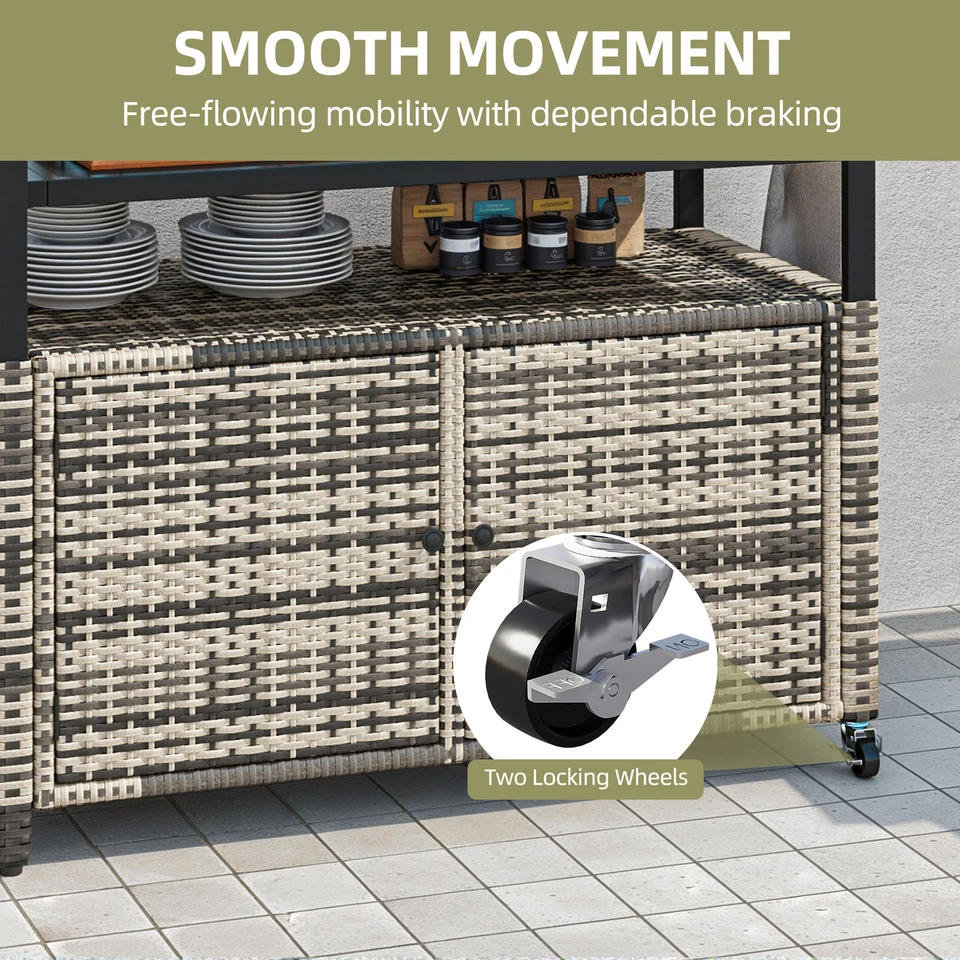 Outdoor Portable Rattan Wicker Storage Bar Cabinet Glass Tabletop w/ Wheels - Image 4 of 4