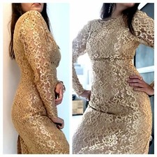 Vintage Gold Lace Overlay Nude cocktail dress