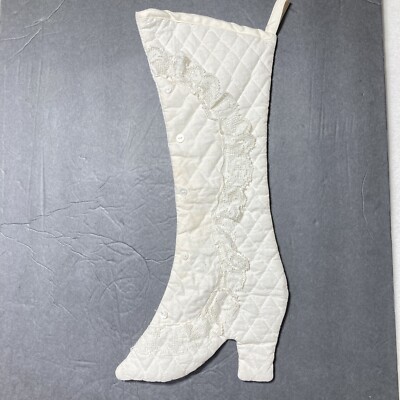 Vintage Victorian Christmas Stocking White Lace 19'' Heel quilted unique