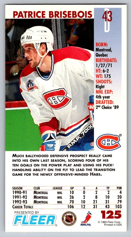 1993-94 Fleer Power Play - Patrice Brisebois #125 - Image 2 of 2