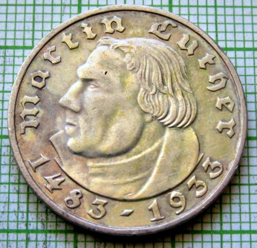 GERMANY THIRD REICH 1933 F 2 REICHSMARK Martin Luther 450th Anniv 0.625 SILVER