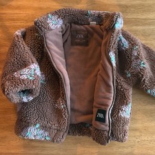 Zara Girls Teddy Sherpa Jacket Floral Brown Zip Up Cozy Warm Size 5T 110 Daisy