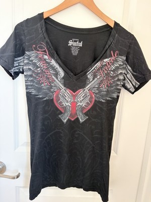  Sinful V Neck Graphic Tee Wings Guns Heart Black Fitted Y2K Women s Medium