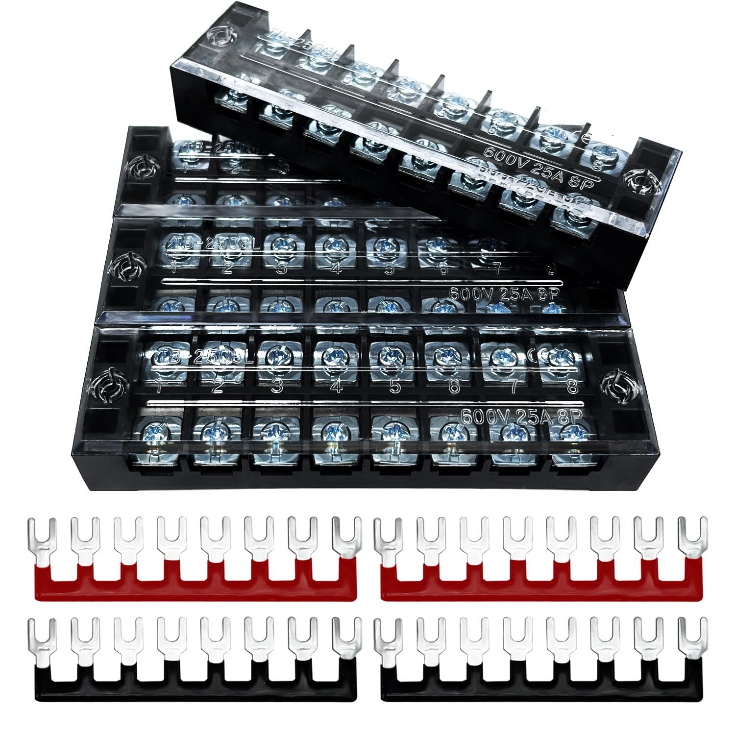 4 Sets 8 Positions 600V 25A Terminal Blocks Ground Dual Row Bus Bar W