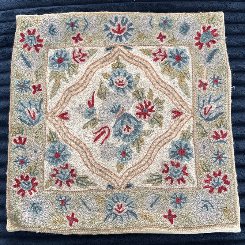 Kashmir Hand Made Chain Stitch Cushion Cover 16"x16” Embroidery Pillow Cover