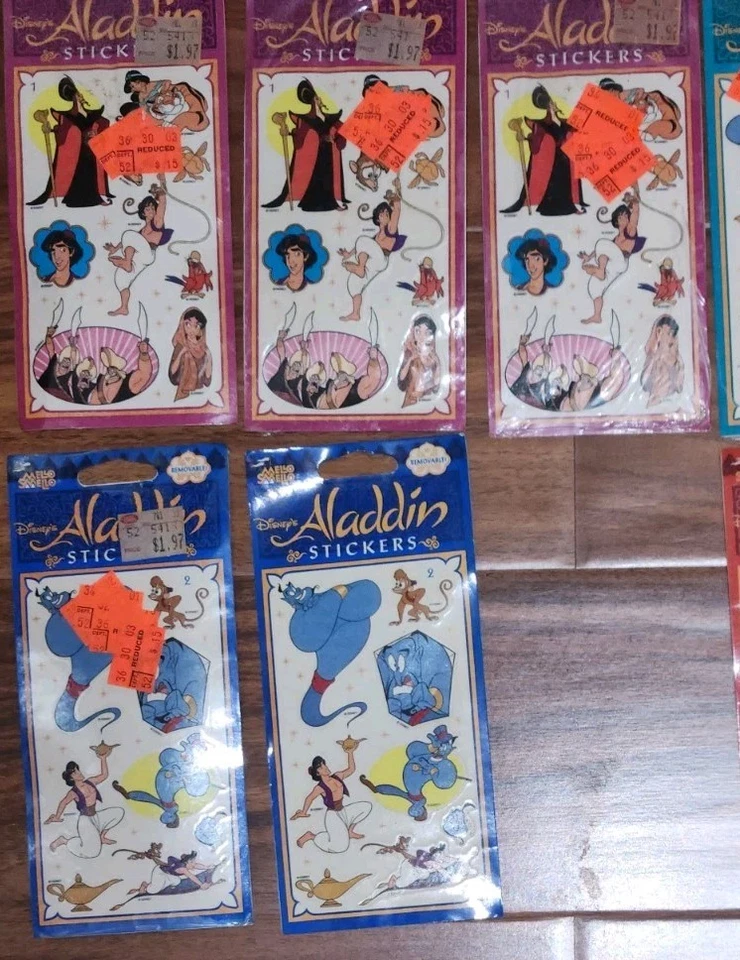 Nuevo de Lote Antiguo 1992 Disney Aladdin 9 paquetes 1-2-3-4 pegatinas Mello Smello Jasmine Genie Nuevo en Paquete Foto 2 de 3