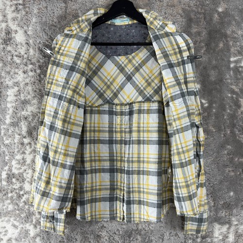 Maurices Size S Cotton Blend Plaid Top Yellow Gray Long Sleeve Pocket - Picture 3 of 9