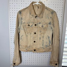 Free People Crop Jacket Women's Beige Acid Wash Denim Distressed Button Trucker