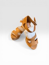 Hermès Tan Leather Espadrille Wedge Sandals with Ankle Strap and Buckle