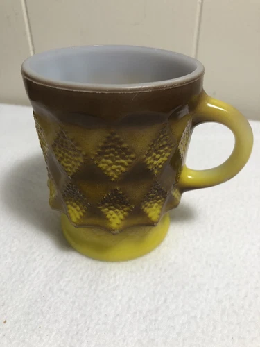 Vintage FIRE KING Anchor Hocking KIMBERLEY Diamond Coffee Cup Mug YELLOW/BROWN