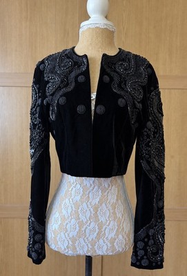 Vintage ESCADA COUTURE Black Velvet Beaded Embroidered Cropped Jacket EU40