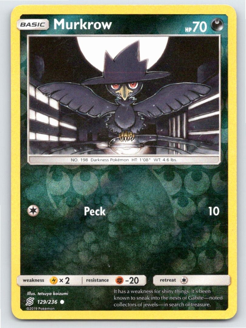 2019 POKEMON MURKROW UNIFIED MINDS 129/236 REVERSE HOLO C LP A79670 FREE S&H
