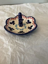Polish Pottery Ring Holder Blue Red bow Pattern New