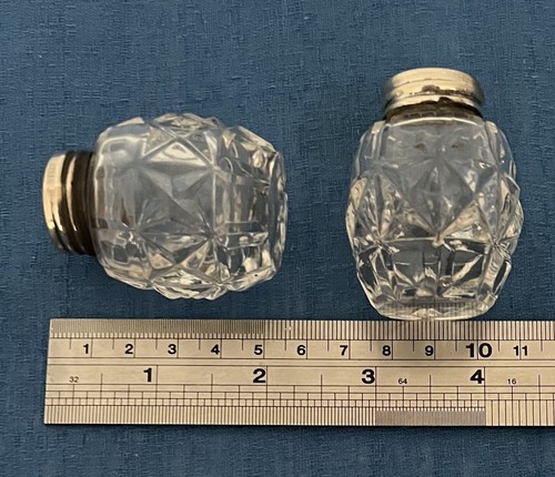 Vintage Crystal Salt & Pepper Shakers • Sterling Silver Tops • Small 2” - Picture 3 of 3