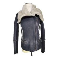 S.W.O.R.D Gold Limited black distressed leather Jacket shearling Asymmetrical~S