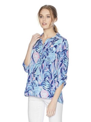 Lilly Pulitzer Small Everglades Pullover Twilight Blue Scale Up Fish Print