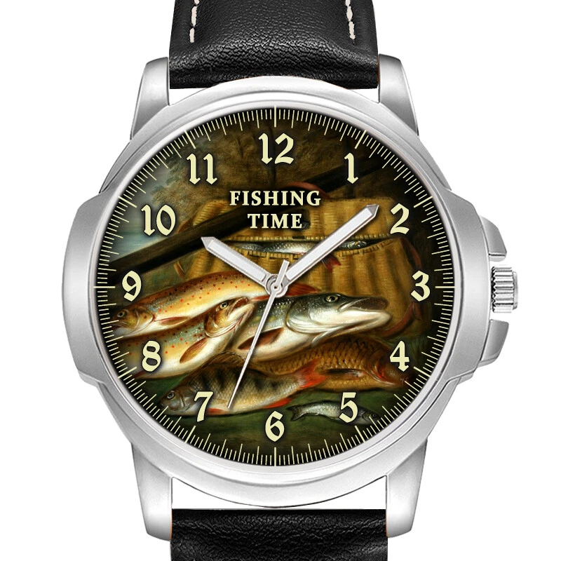 FISHING TIME FISHERMAN MENS WRIST WATCH BIRTHDAY ANNIVERSARY GIFT BOX  ENGRAVED