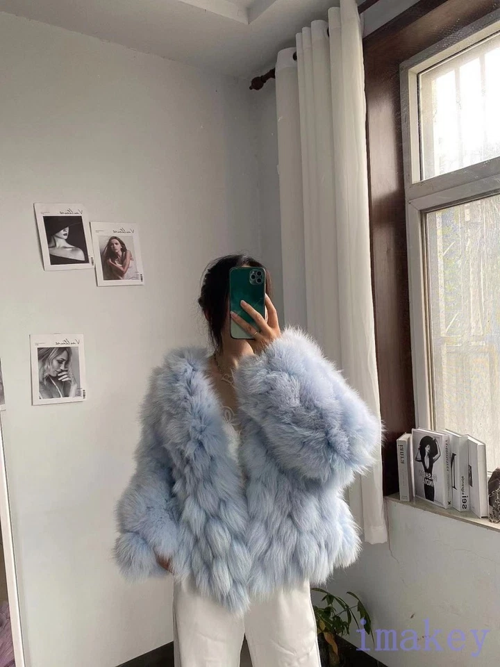 Real Fashion Fox Fur Furry Womens V Neck Winter Warm Short Coat Outwear One Size - Imagem 2 de 4