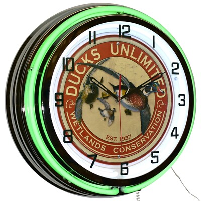 19'' Ducks Unlimited Est. 1937 Sign Double Neon Clock Garage Decor (Green)