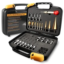 34 Pcs Woodworking Chamfer Drilling Tools Including 6 Countersink Drill Bit Set,