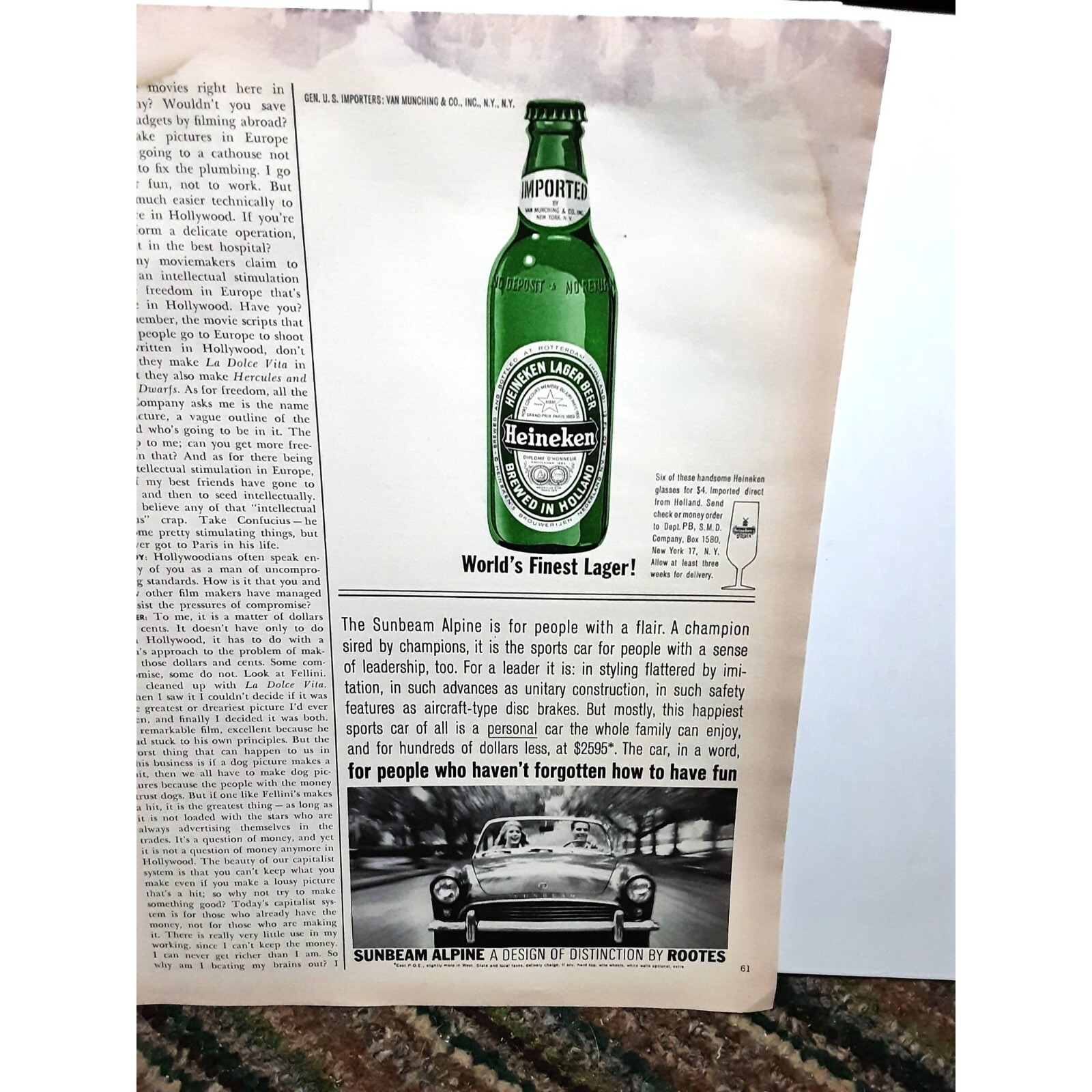1963 Beefeater Gin and Heineken Vintage Print Ad Original