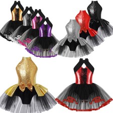 Kid Girl Sequin Ballet Tutu Mesh Dance Dress Bowknot Mock Neck Hollow Back Dress