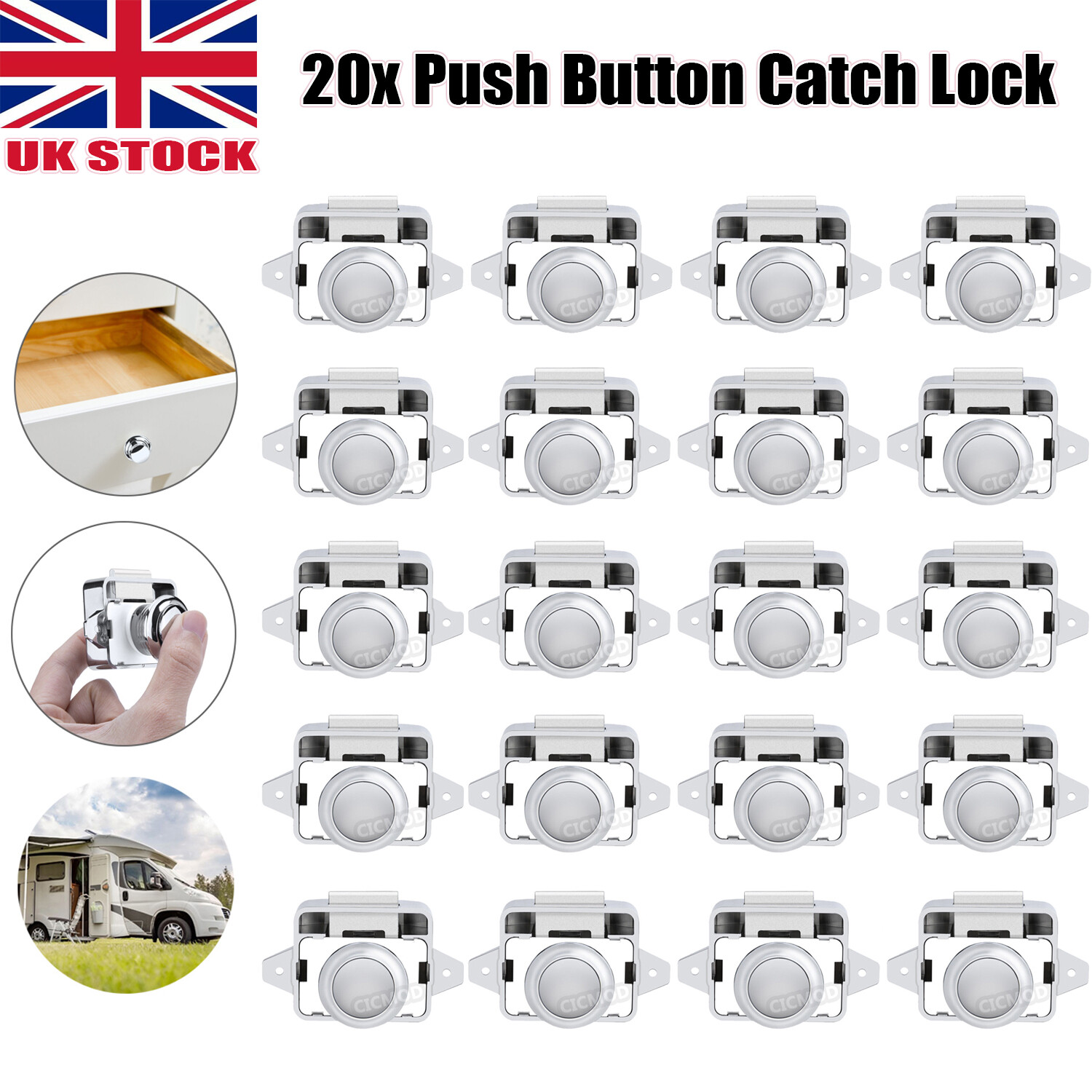 20x Push Button Catch Locks Cupboard Door Drawer Camper Caravan Boat Latch Knob