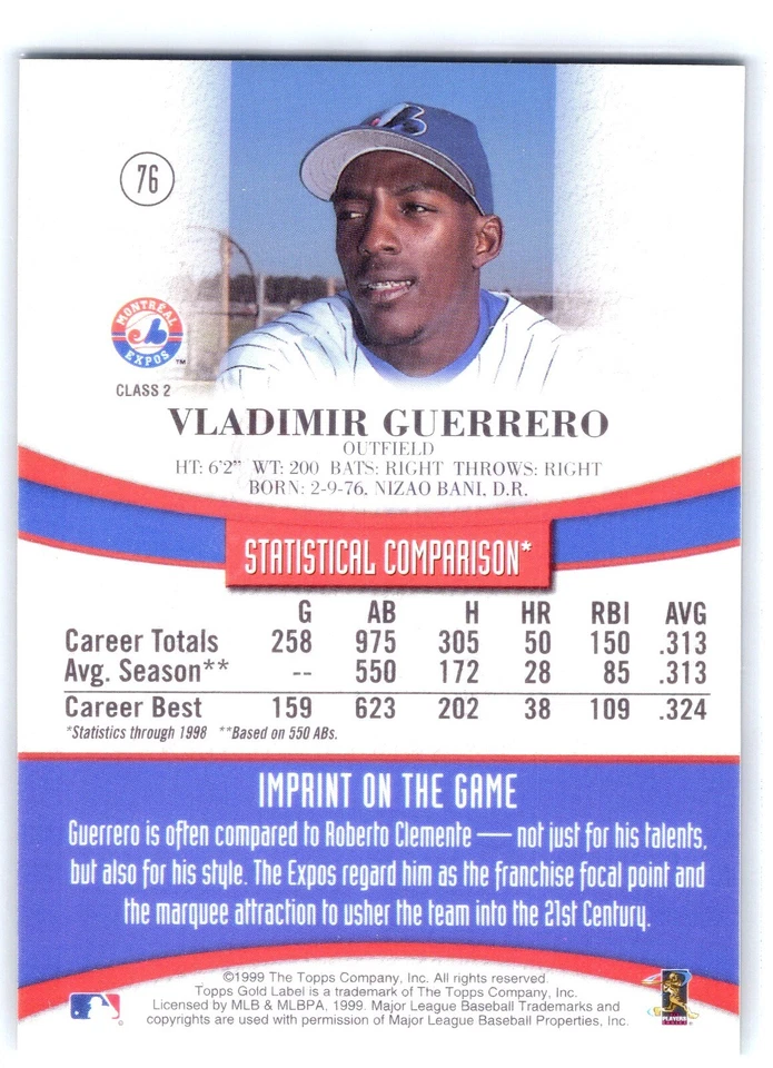VLADIMIR GUERRERO 1999 Topps Gold Label Class 2 Montreal Expos Baseball Card #76 - Image 2 of 2