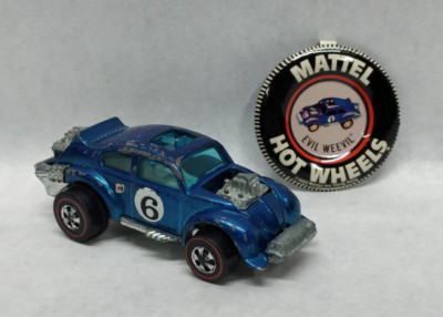Vintage 1970 Hot Wheels Redline EVIL WEEVIL Blue #6 w/ Button - Hong Kong