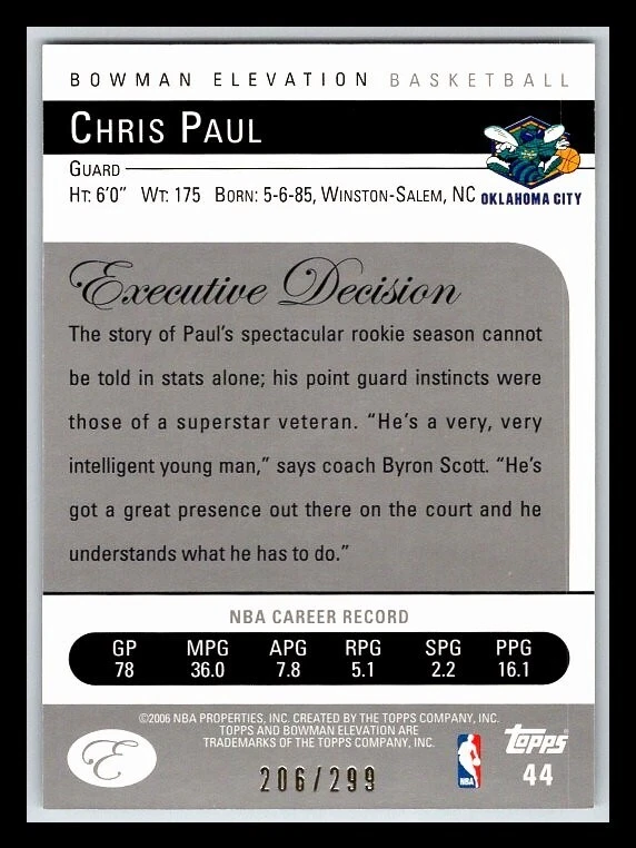 2006-07 Bowman Elevation Red #44 Chris Paul 206/299 !! - Image 2 of 2