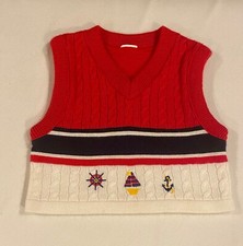 Vtg BT Boys Infant 6-9mo-Red White Blue Knitted VEST-Embroidery Marine Theme