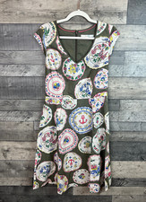 Boden Kiera Plate Print Dress Size UK 10 L Long Khaki Funky Quirky Vintage Tea