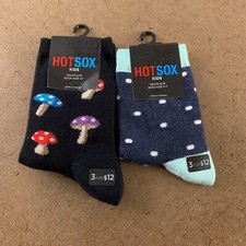 Hot Sox Kids Shoe Size 10-13 Black Mushroom Navy Polka Dot Crew Socks 2 Pair NWT