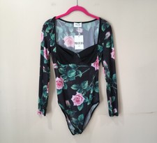 womens fashion spring summer floral print mesh bodysuit long sleeve casual S 4
