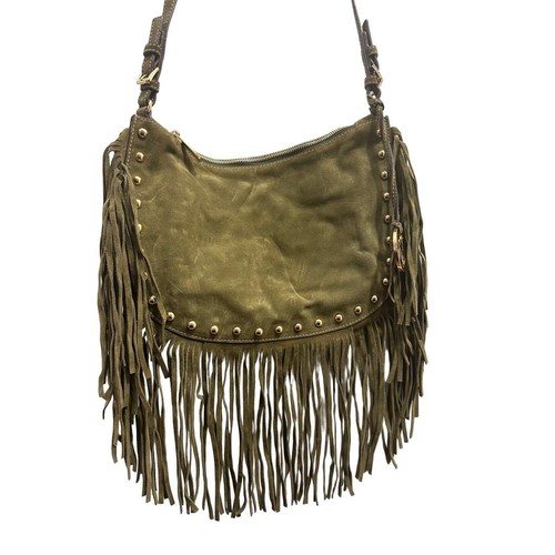 NWT Michael Kors Dakota Saddle Bag Olive Green Fringe Studded Zipper Closure