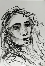 Expressionist Portrait Oil Pastel Drawing 12X8" MINIMALISM VIVEK MANDALIA Signed